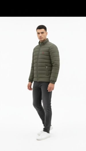 Men’s Olive Green Lightweight Quilted Puffer Jacket with Stand Collar